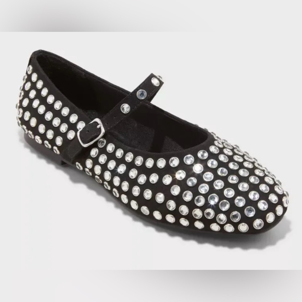 NWT A New Day Black Issa Rhinestone Mary Jane Ballet Flats Studded Sz 8M